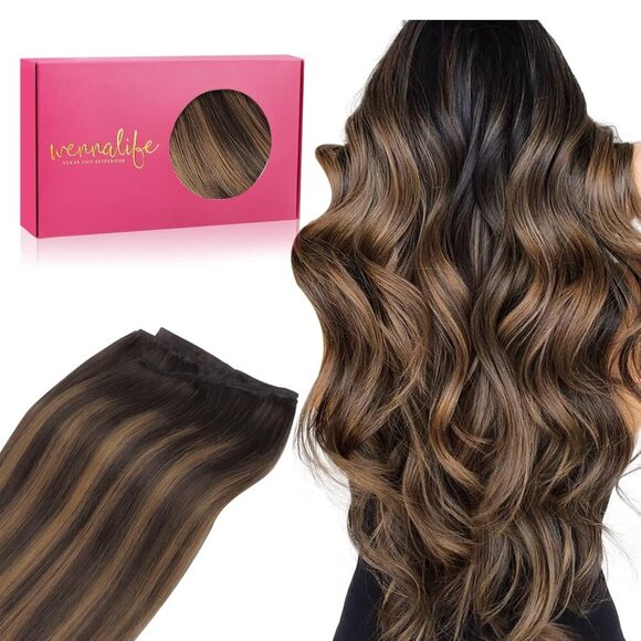 Sew in Hair Extensions - Real Human Hair Weft 18 Inch 90g Balayage Dark Brown to - Picture 1 of 6